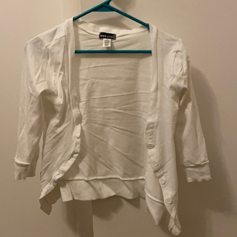 Elbow length white cardigan shrug